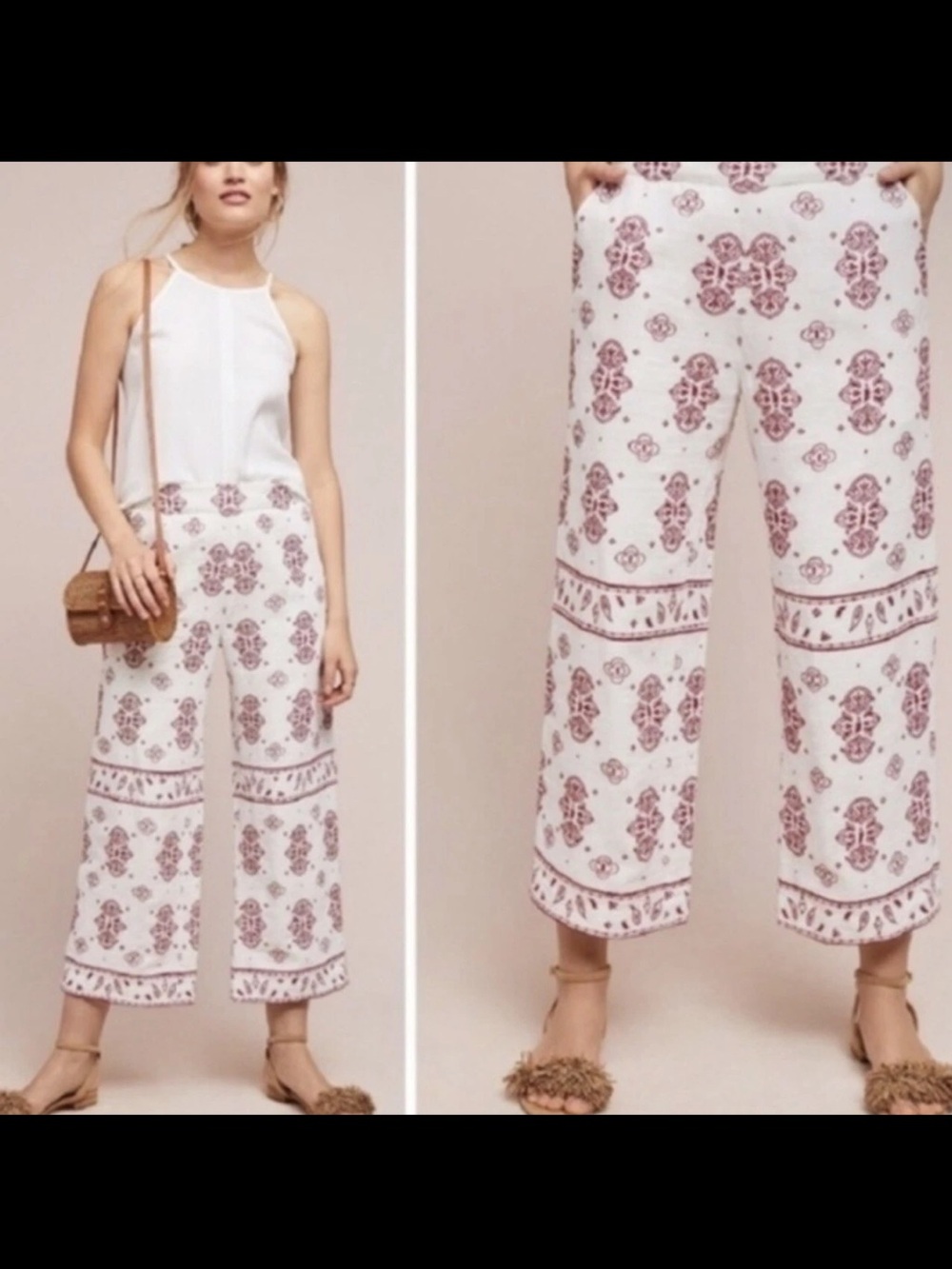 Ett Twa By Anthropologie Jadida Embroidered Cropped Wide Leg Pants Size 0